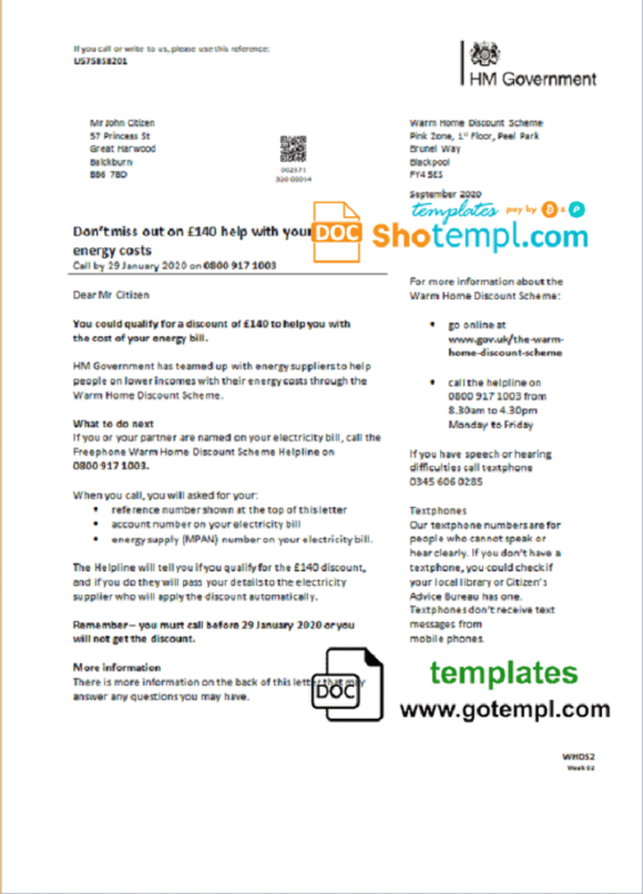 editable template, United Kingdom HM Government Warm Home Energy utility bill template in Word and PDF format