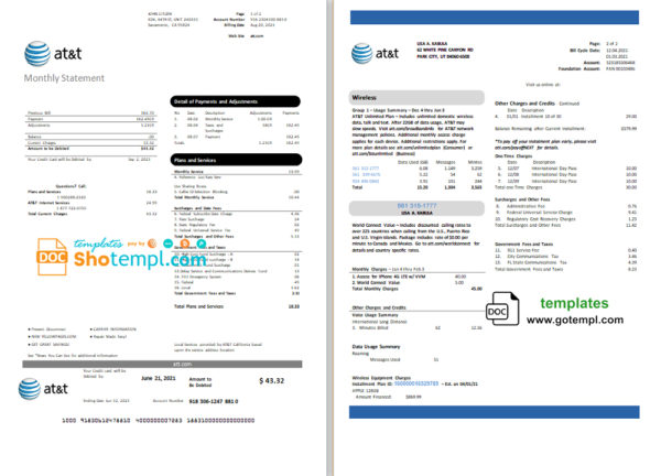 editable template, USA Texas AT&T telecommunications utility bill template in Word and PDF format (2 pages)