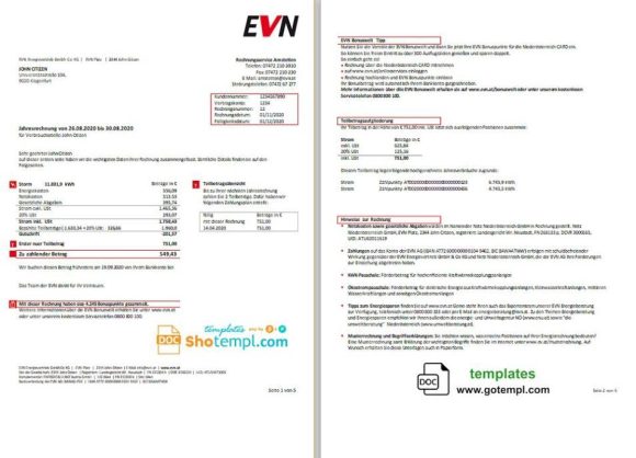 editable template, Austria EVN electricity utility bill template in Word and PDF format, language German (5 pages)