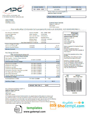 Austria Austrian Power Grid AG utility bill template in Word and PDF format