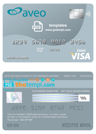 editable template, Australia Aveo bank visa card debit card template in PSD format, fully editable
