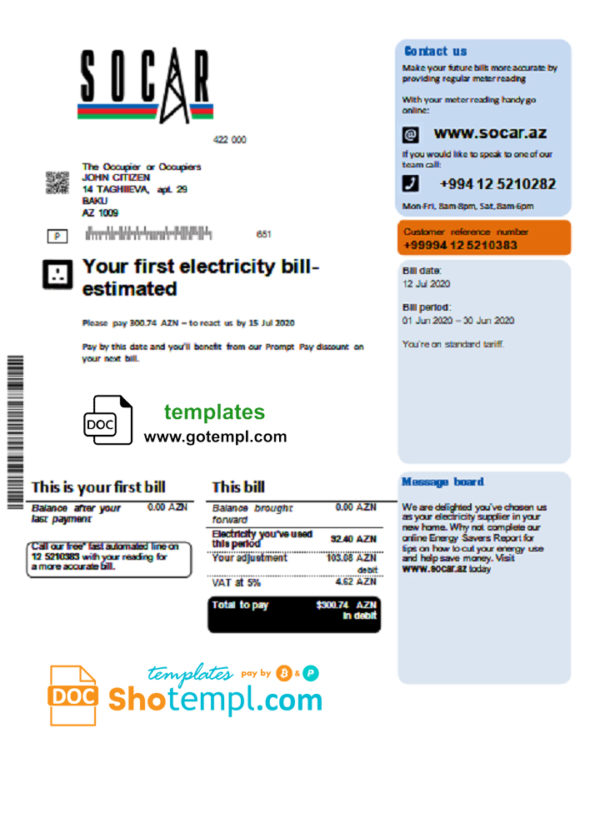 editable template, Azerbaijan Socar Gas utility bill template in Word and PDF format