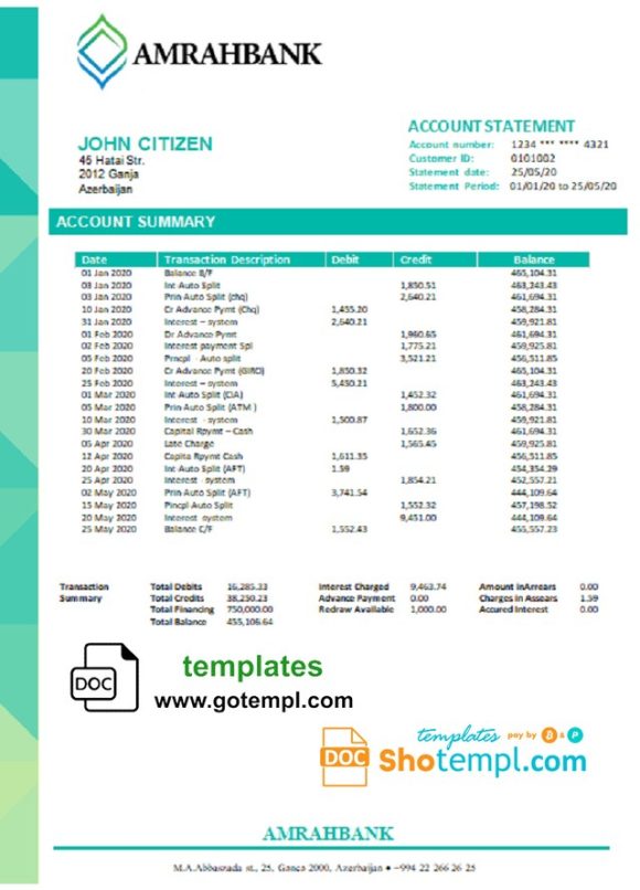 editable template, Azerbaijan Amrahbank bank account statement template in Word and PDF format