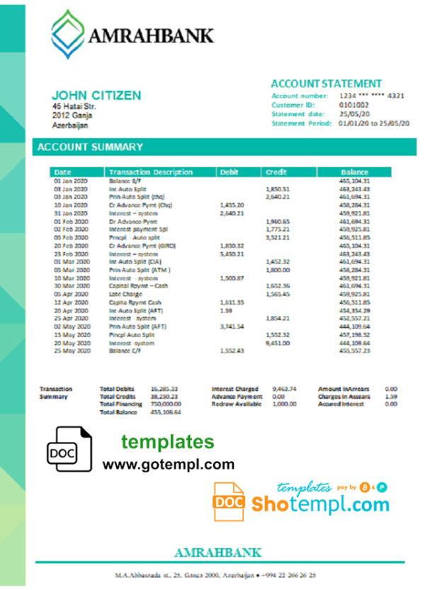 editable template, Azerbaijan Amrahbank bank account statement template in Word and PDF format