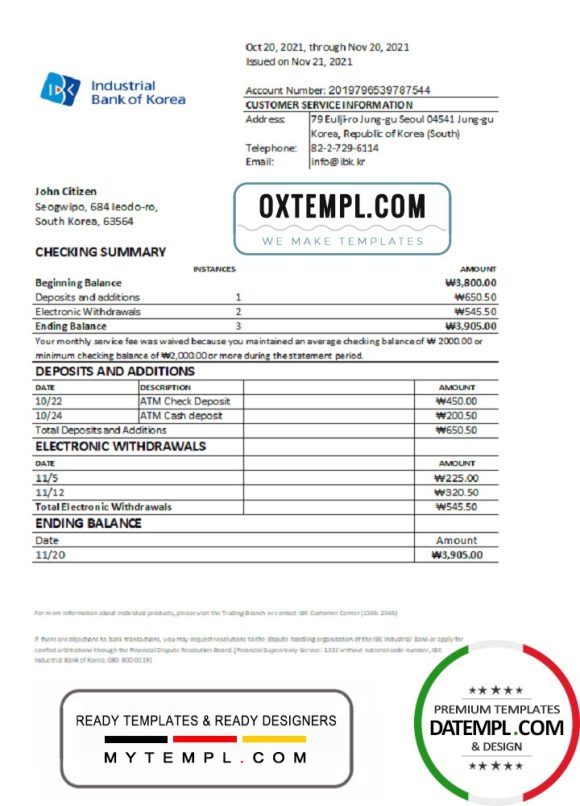 editable template, South Korea Industrial bank statement easy to fill template in Excel and PDF format