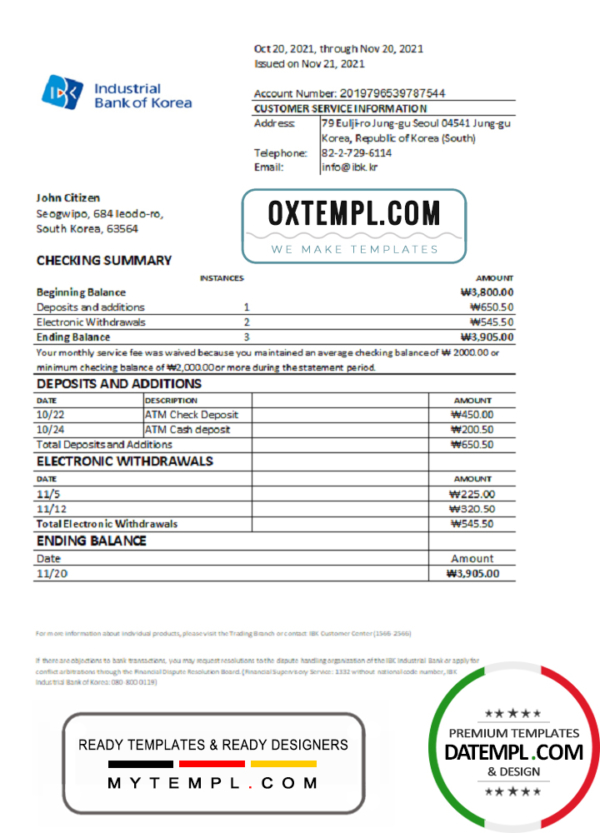 editable template, South Korea Industrial bank statement easy to fill template in Excel and PDF format