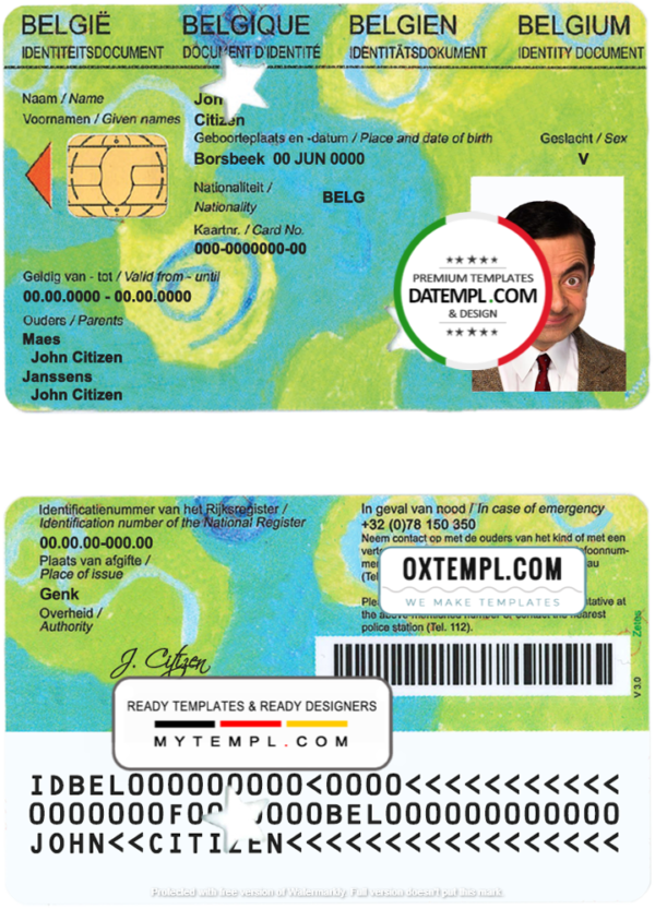 editable template, Belgium Kids-ID template in PSD format