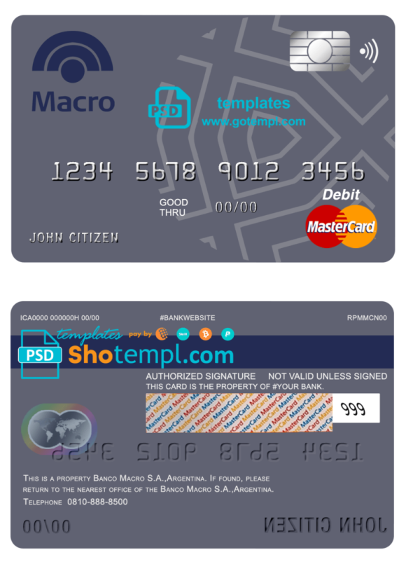 editable template, Argentina Banco Macro S.A. bank mastercard debit card template in PSD format, fully editable