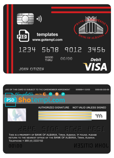 editable template, Albania Bank of Albania bank visa card debit card template in PSD format, fully editable