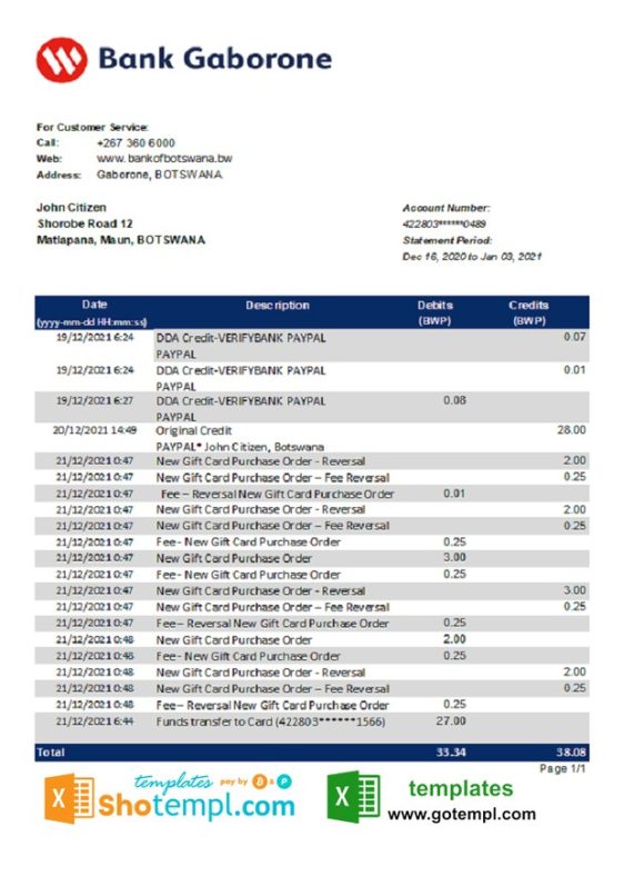editable template, Botswana Bank Gaborone bank statement template in Excel and PDF format, fully editable