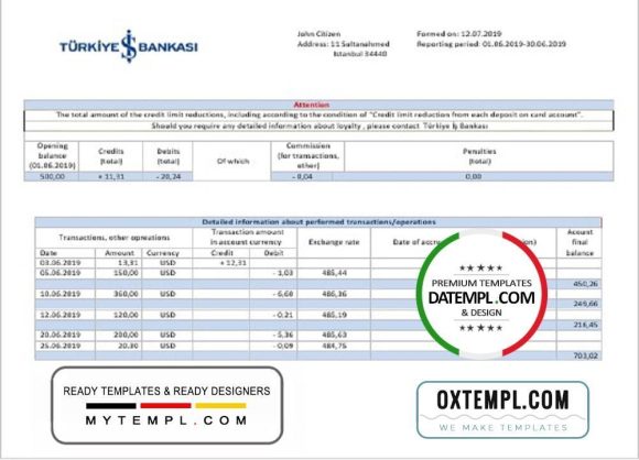 editable template, Turkey Bankasi bank proof of address statement template in Word and PDF format, fully editable