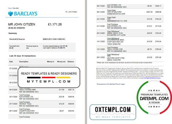 editable template, United Kingdom Barclays bank statement template in Word and PDF format, version 3 (2 pages)