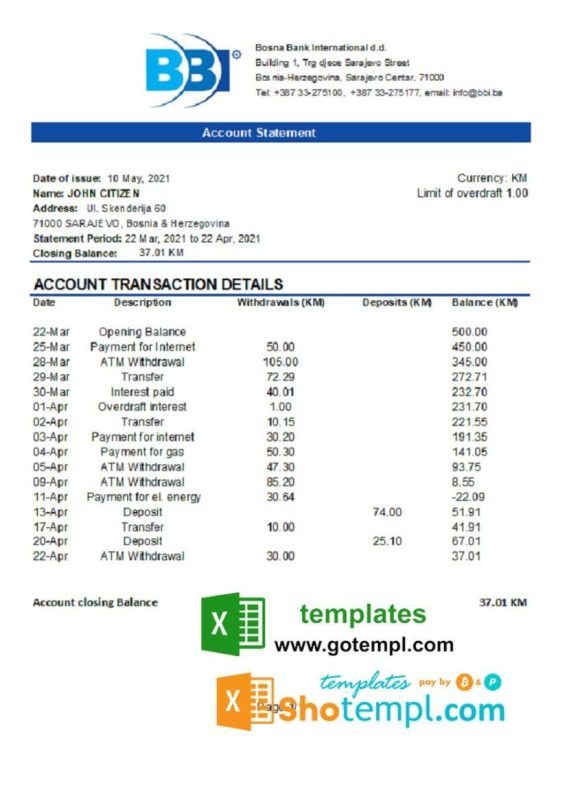 editable template, Bosnia and Herzegovina Bosna Bank International bank statement easy to fill template in Excel and PDF format (AutoSum)