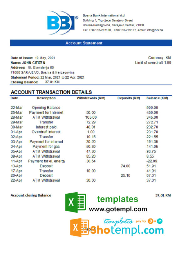editable template, Bosnia and Herzegovina Bosna Bank International bank statement easy to fill template in Excel and PDF format (AutoSum)