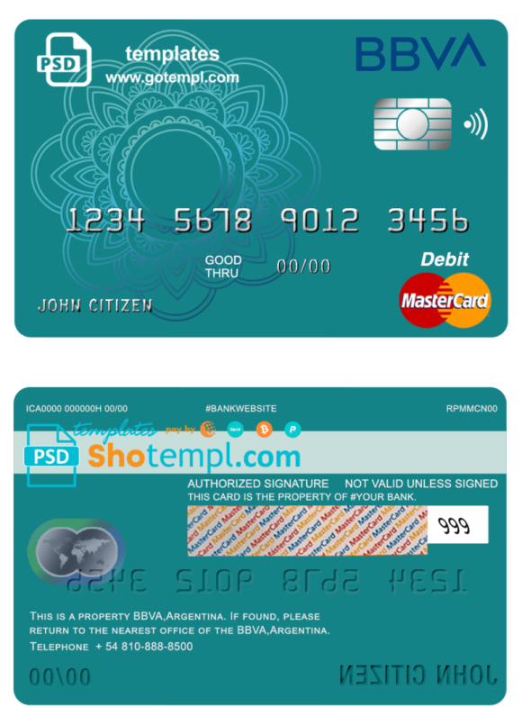 editable template, Argentina BBVA bank mastercard debit template in PSD format, fully editable