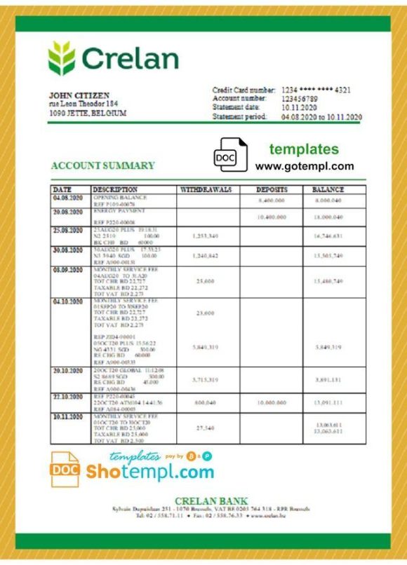editable template, Belgium Crelan bank statement template in Word and PDF format