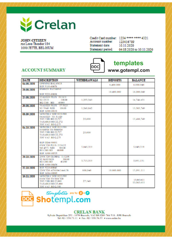 editable template, Belgium Crelan bank statement template in Word and PDF format