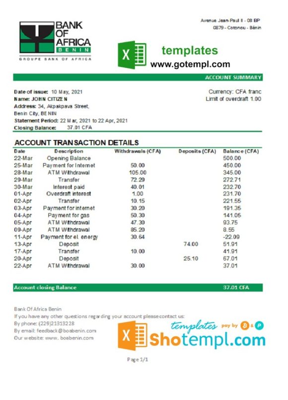 editable template, Benin Bank of Africa bank statement easy to fill template in Excel and PDF format