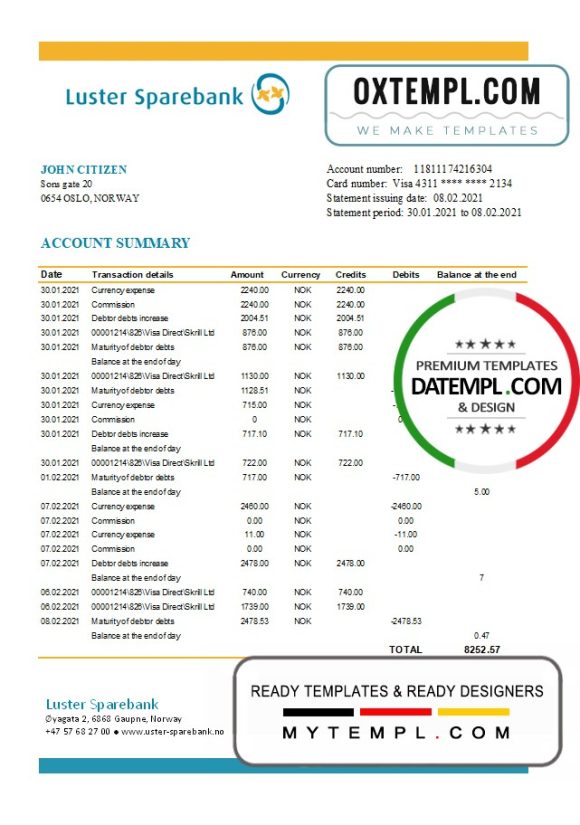 editable template, Norway Luster Sparebank bank statement easy to fill template in Excel and PDF format
