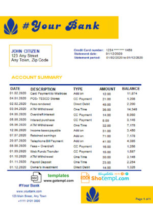 editable template, # blue shine universal multipurpose bank statement template in Word format