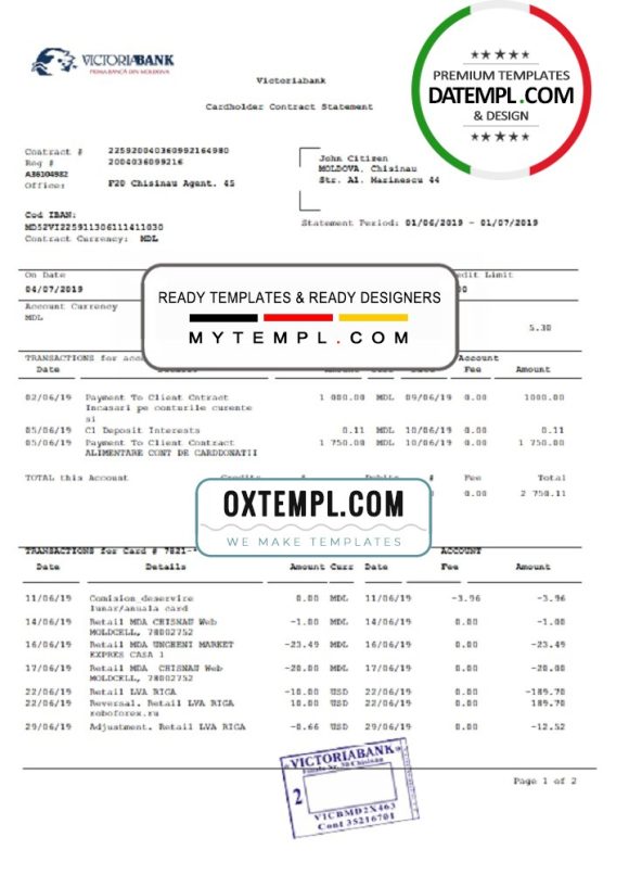 editable template, Moldova Victoriabank proof of address statement template in Word and PDF format