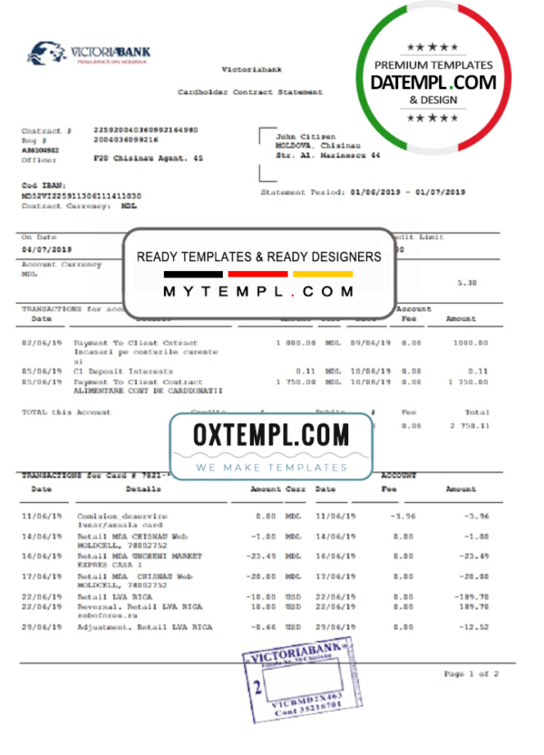 editable template, Moldova Victoriabank proof of address statement template in Word and PDF format
