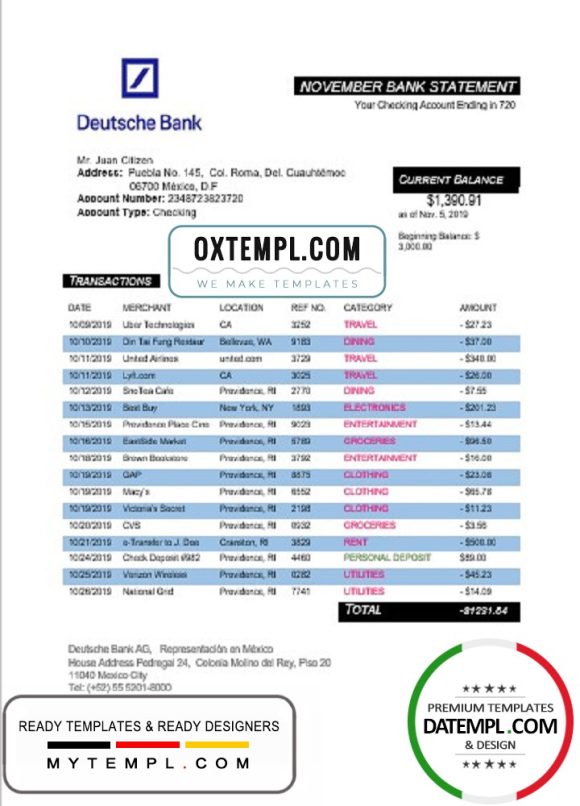 editable template, Mexico Deutsche bank statement template in Word and PDF format, good for address prove