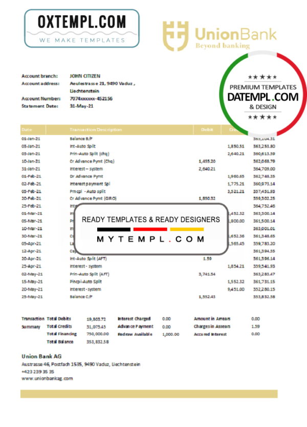 editable template, Liechtenstein Union Bank AG bank statement easy to fill template in Excel and PDF format