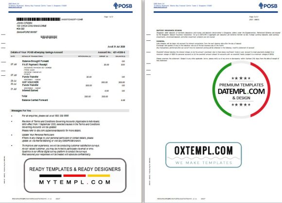editable template, Singapore DBS bank statement template in Word and PDF format, 2 pages