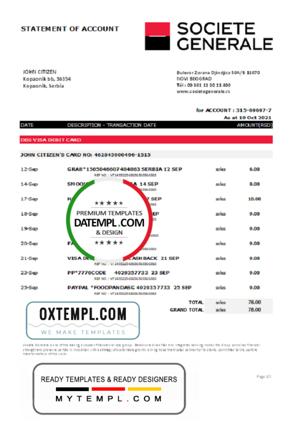 editable template, Serbia Societe Generale bank statement easy to fill template in .xls and .pdf format