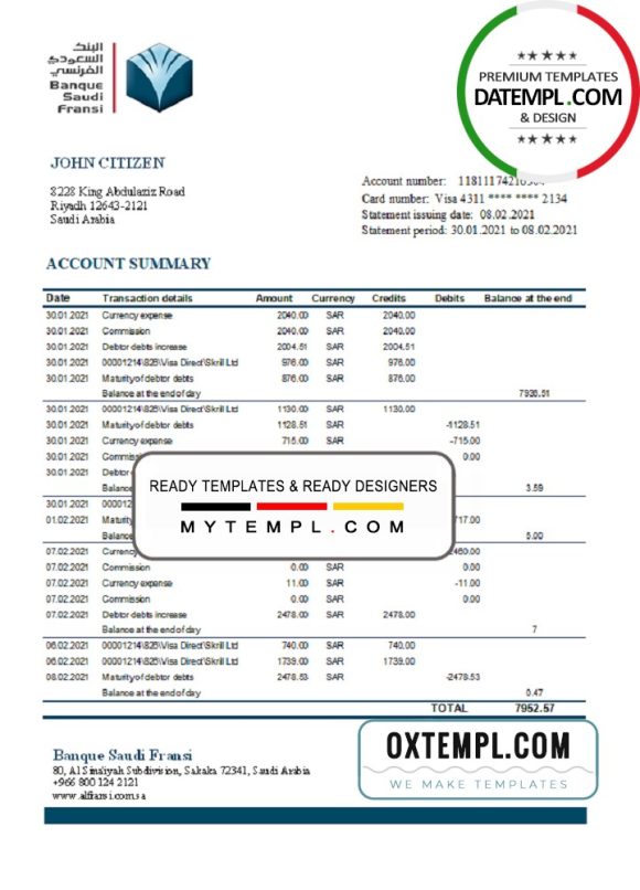 editable template, Saudi Arabia Banque Saudi Fransi bank statement easy to fill template in Excel and PDF format