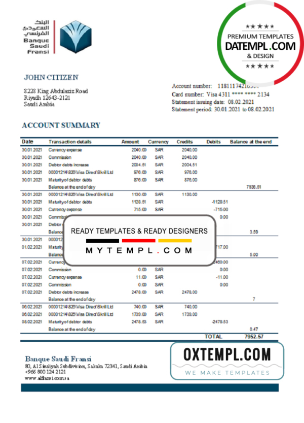 editable template, Saudi Arabia Banque Saudi Fransi bank statement easy to fill template in Excel and PDF format