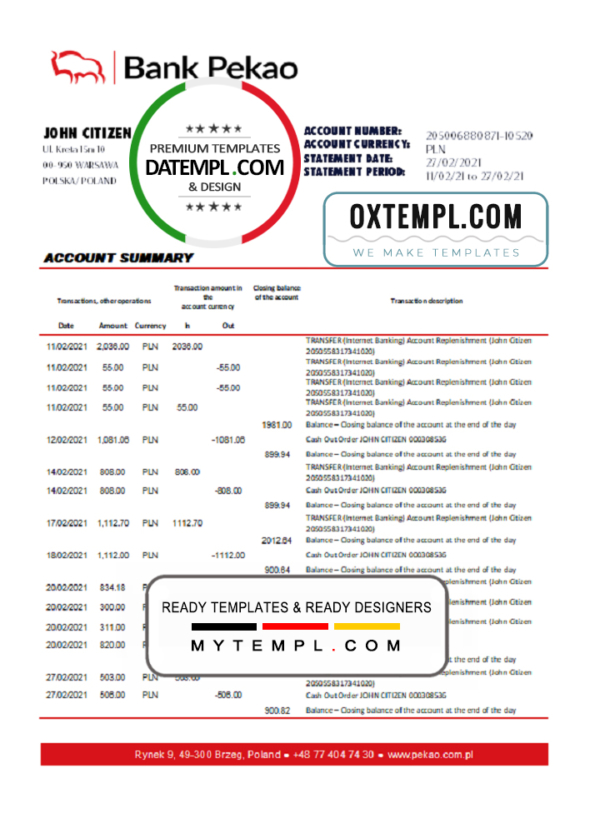 editable template, Poland Bank Pekao S.A. bank statement easy to fill template in Excel and PDF format