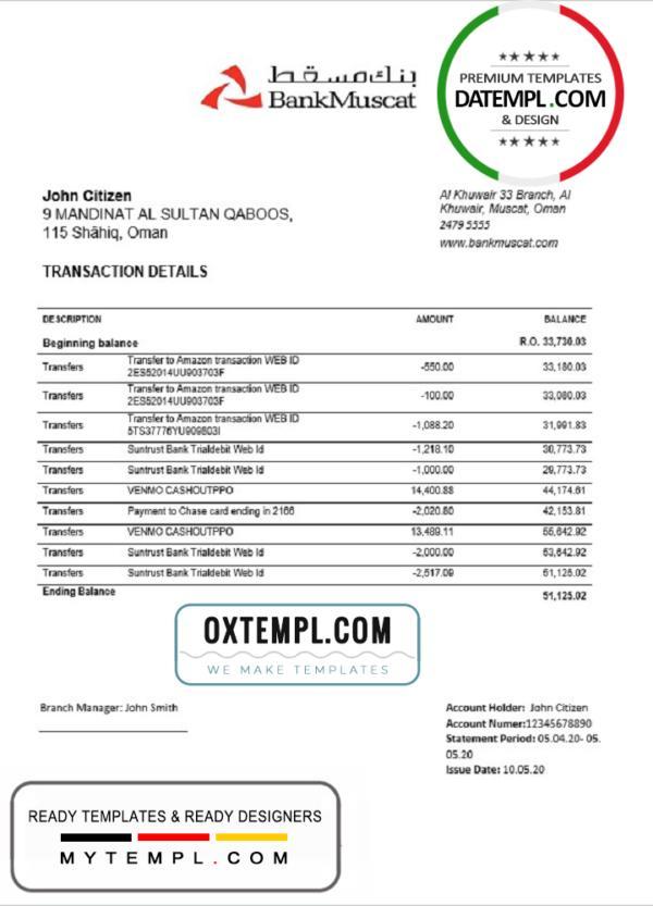 editable template, Oman Bank Muscat proof of address bank statement template in Word and PDF format (.doc and .pdf)