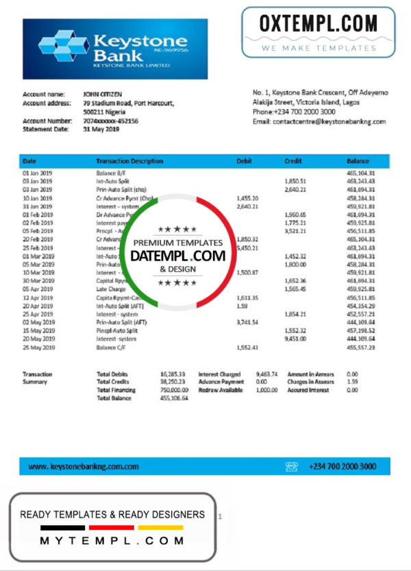 editable template, Nigeria Keystone Bank statement template in Word and PDF format, good for address prove