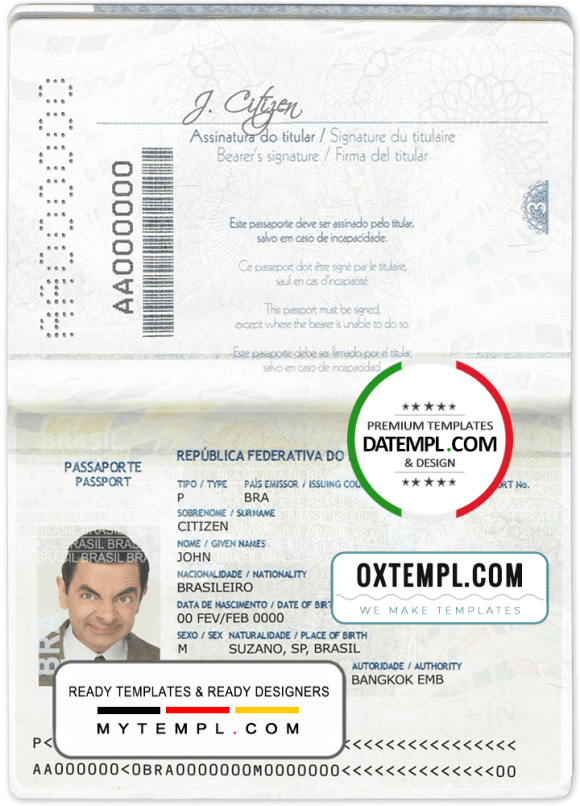 editable template, Brazil passport template in PSD format, fully editable