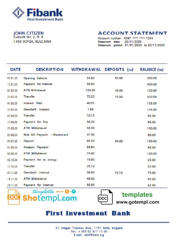 editable template, Bulgaria Fibank bank statement template in Word and PDF format