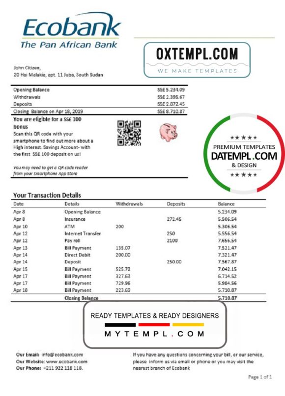editable template, South Sudan Ecobank proof of address bank statement template in Word and PDF format