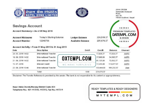 editable template, Nepal Bank Nepal statement template in Word and PDF format