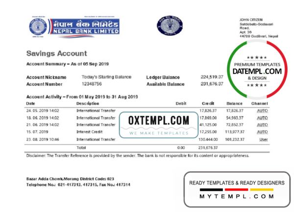editable template, Nepal Bank Nepal statement template in Word and PDF format