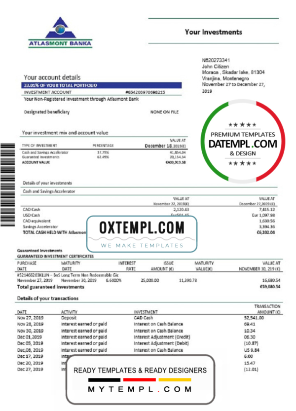 editable template, Montenegro Atlasmont Bank statement template, Word and PDF format (.doc and .pdf)