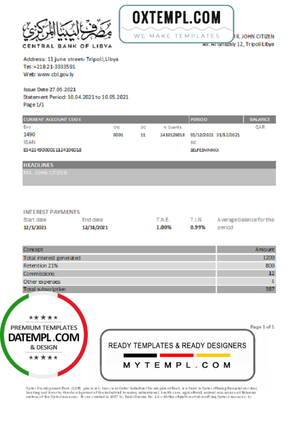 editable template, Libya Central Bank of Libya proof of address bank statement template in Excel and PDF format (.xls and .pdf)