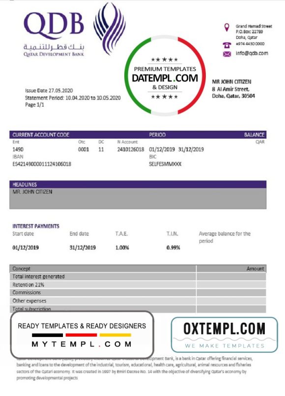 editable template, Qatar Development Bank statement template, Word and PDF format (.doc and .pdf)