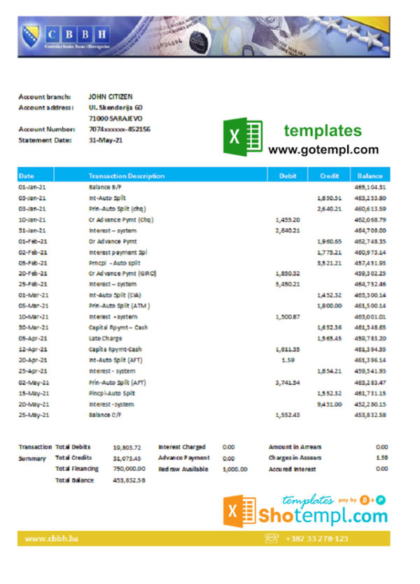 editable template, Bosnia and Herzegovina Central Bank statement easy to fill template in Excel and PDF format (AutoSum)