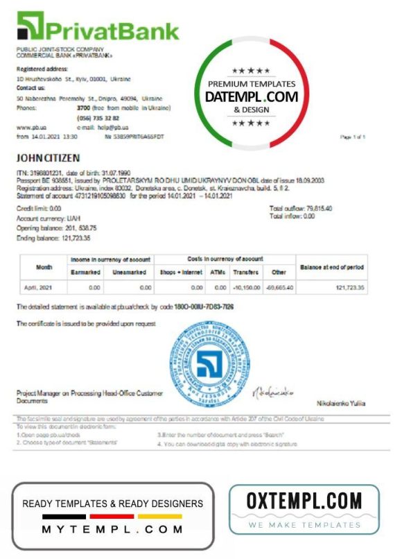 editable template, Ukraine Privatbank bank statement template in Word and PDF format