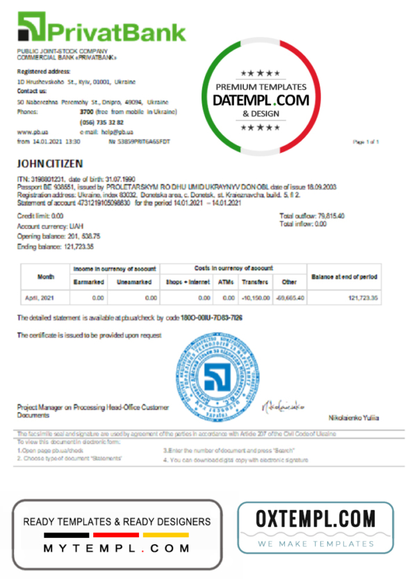 editable template, Ukraine Privatbank bank statement template in Word and PDF format