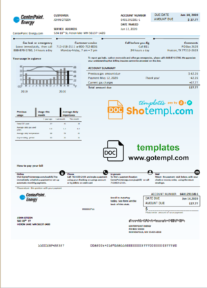 USA Texas Center Point Energy utility bill template in Word and PDF format