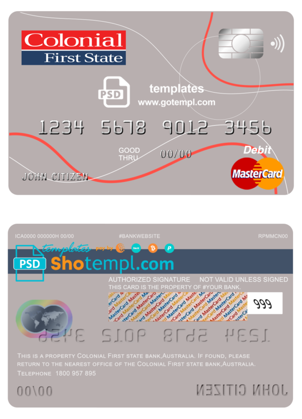 editable template, Australia Colonial First State Bank mastercard debit card template in PSD format, fully editable