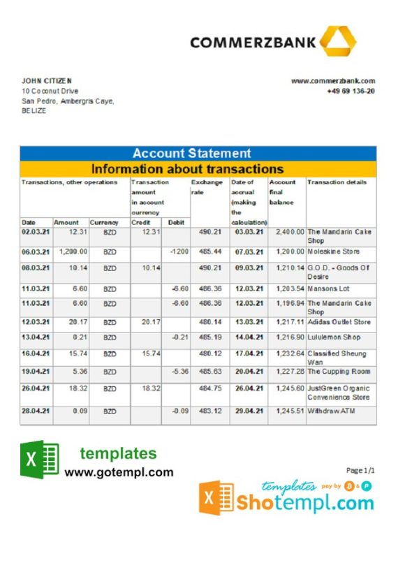 editable template, Belize Commerzbank bank statement easy to fill template in Excel and PDF format