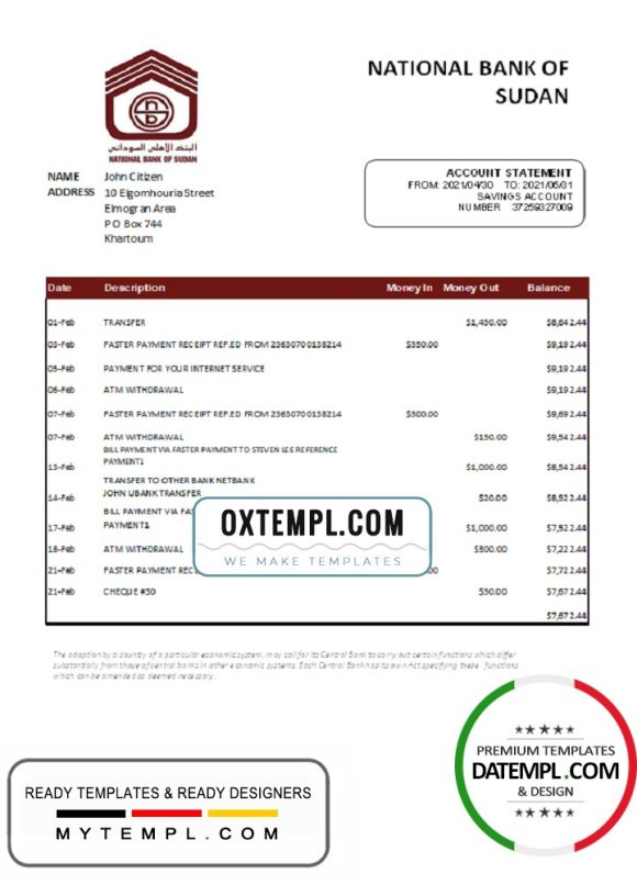 editable template, Sudan National Bank of Sudan bank statement easy to fill template in Excel and PDF format